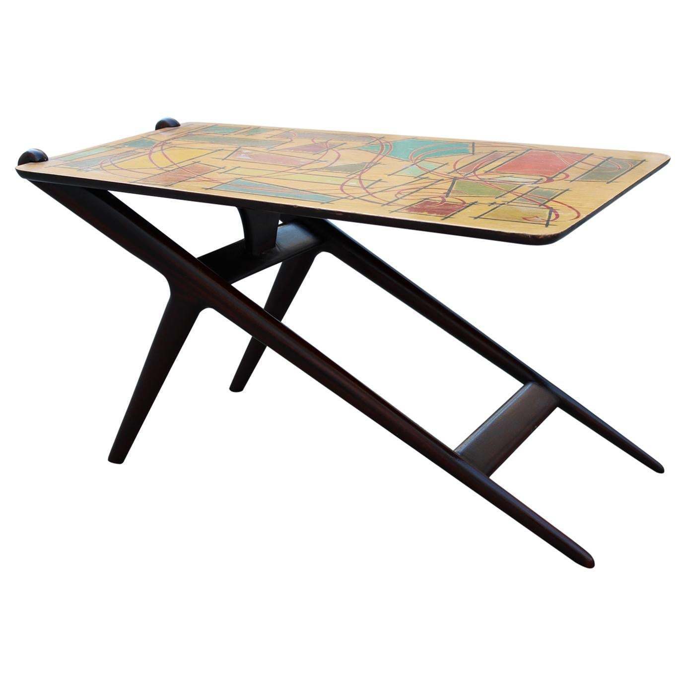 Midcentury Italian Geometric Coffee Table In Mahogany And Colored Decorations Vinterior