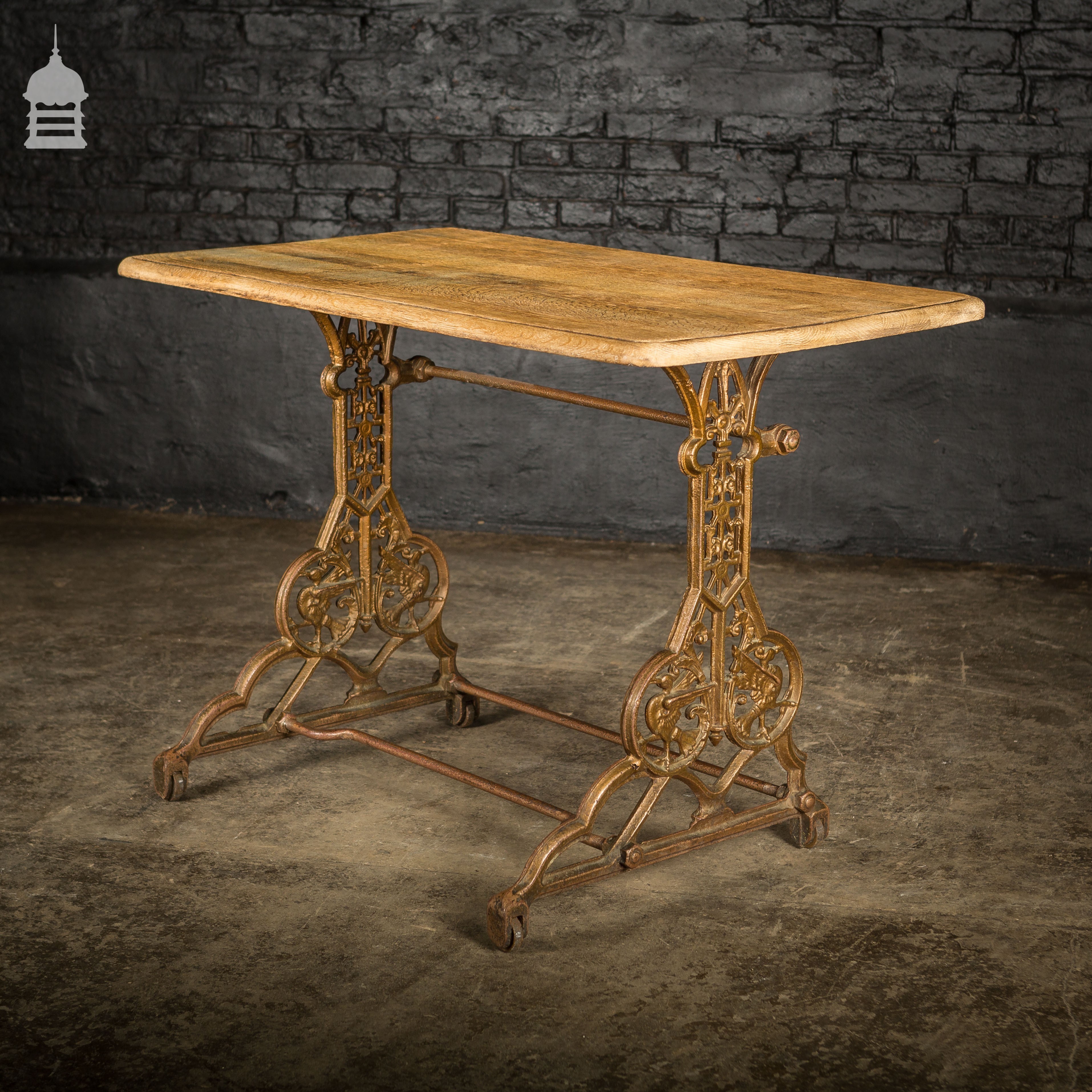 19th C Cast Iron Pub Table Base With Bleached Brushed Oak Top Vinterior