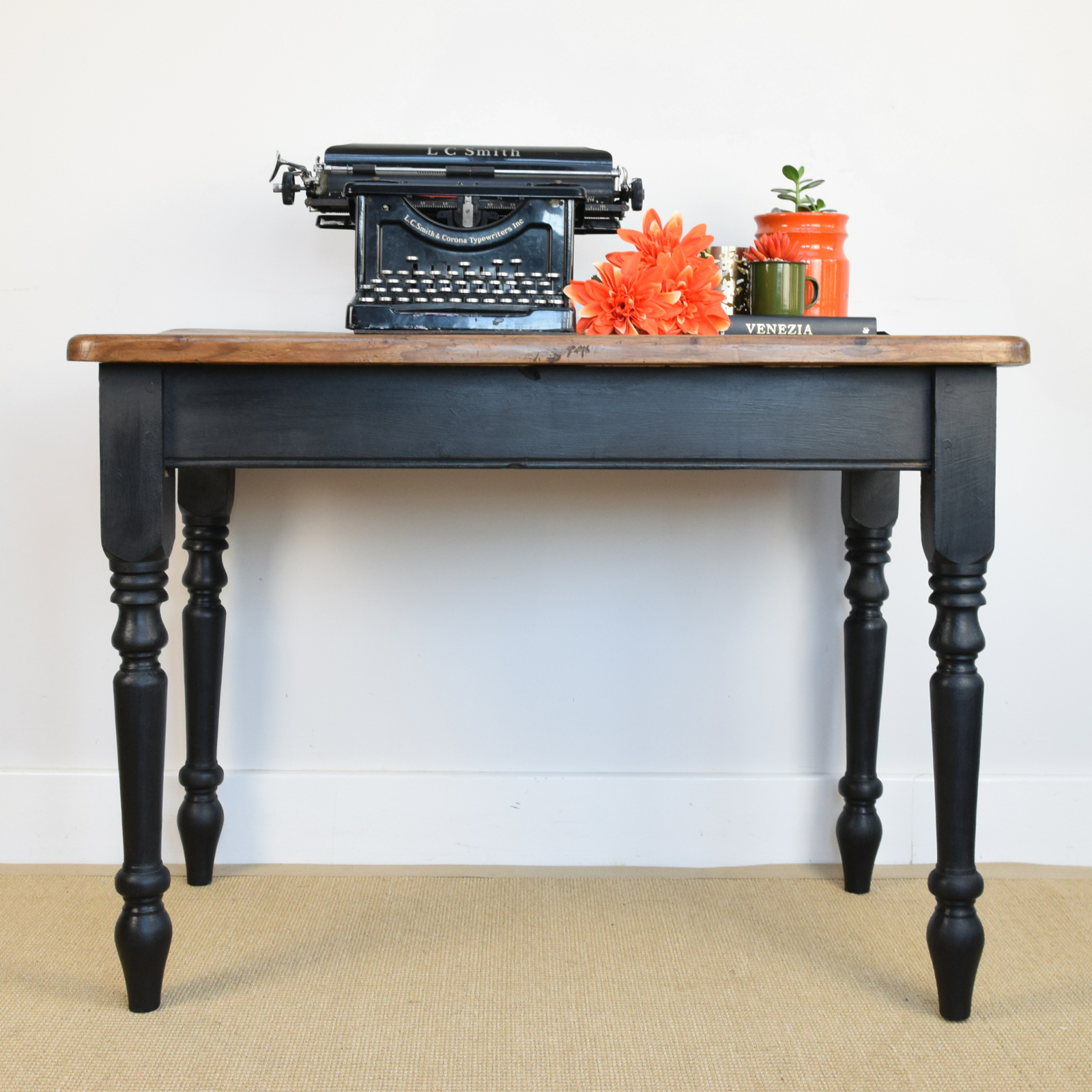 Rustic Pine Table Painted Desk Small Black Table Vintage Kitchen Dining Table Vinterior