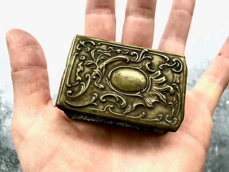 Antique Early Victorian Engraved Brass Match Box Cover Holder Vinterior