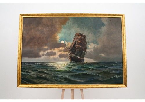 A Huge Painting "A Ship On The High Sea", Scandinavia, Early 20 Century.