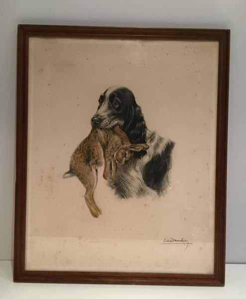 Léon Danchin ((1887 1938). Colored Lithography. English Setter And Rabbit. Circa 1920