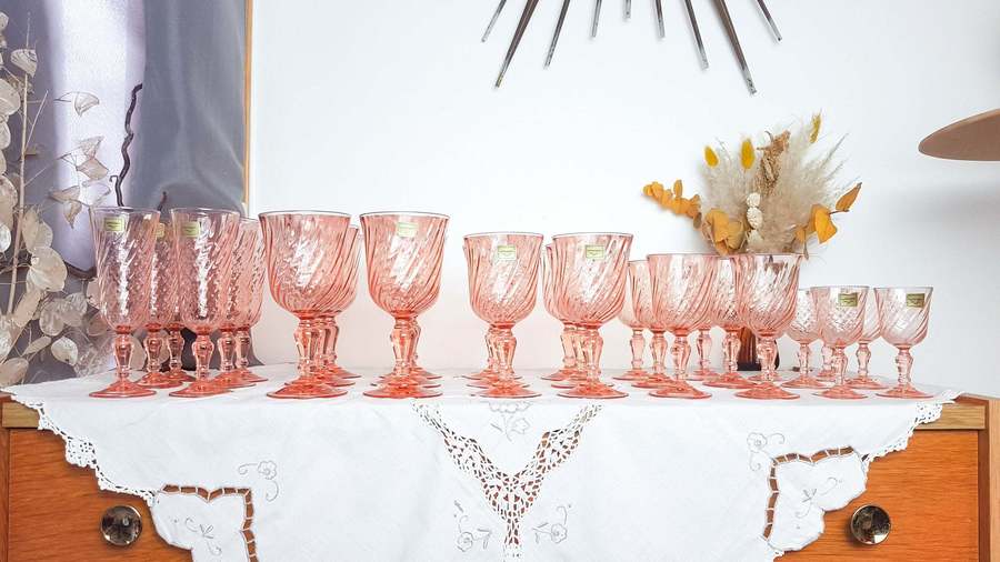 30 Pink Glasses Rosaline Arcoroc Luminarc Pink Champagne Flute Pink Stem Glass Pink Water Glass Pink Wine Glass Vintage Wedding Vinterior