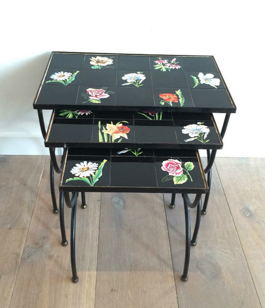 Unusual Ceramic And Iron Nesting Tables. French. Circa 1950 photo Furniture