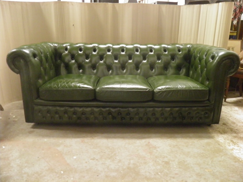 Vintage Dark Green Hand Dyed Refinished Leather Chesterfield 3 Seater