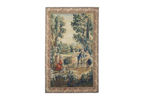French Carpet Vintage Pictorial Rug Green Needlepoint Tapestry Wall Decor