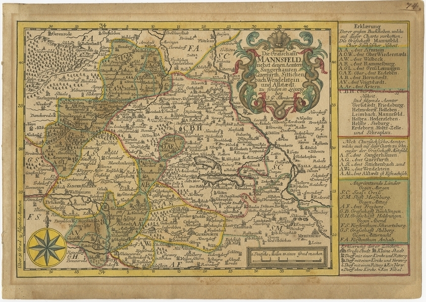 Antique Map Of The Region Of Mansfeld By Schreiber (1749)