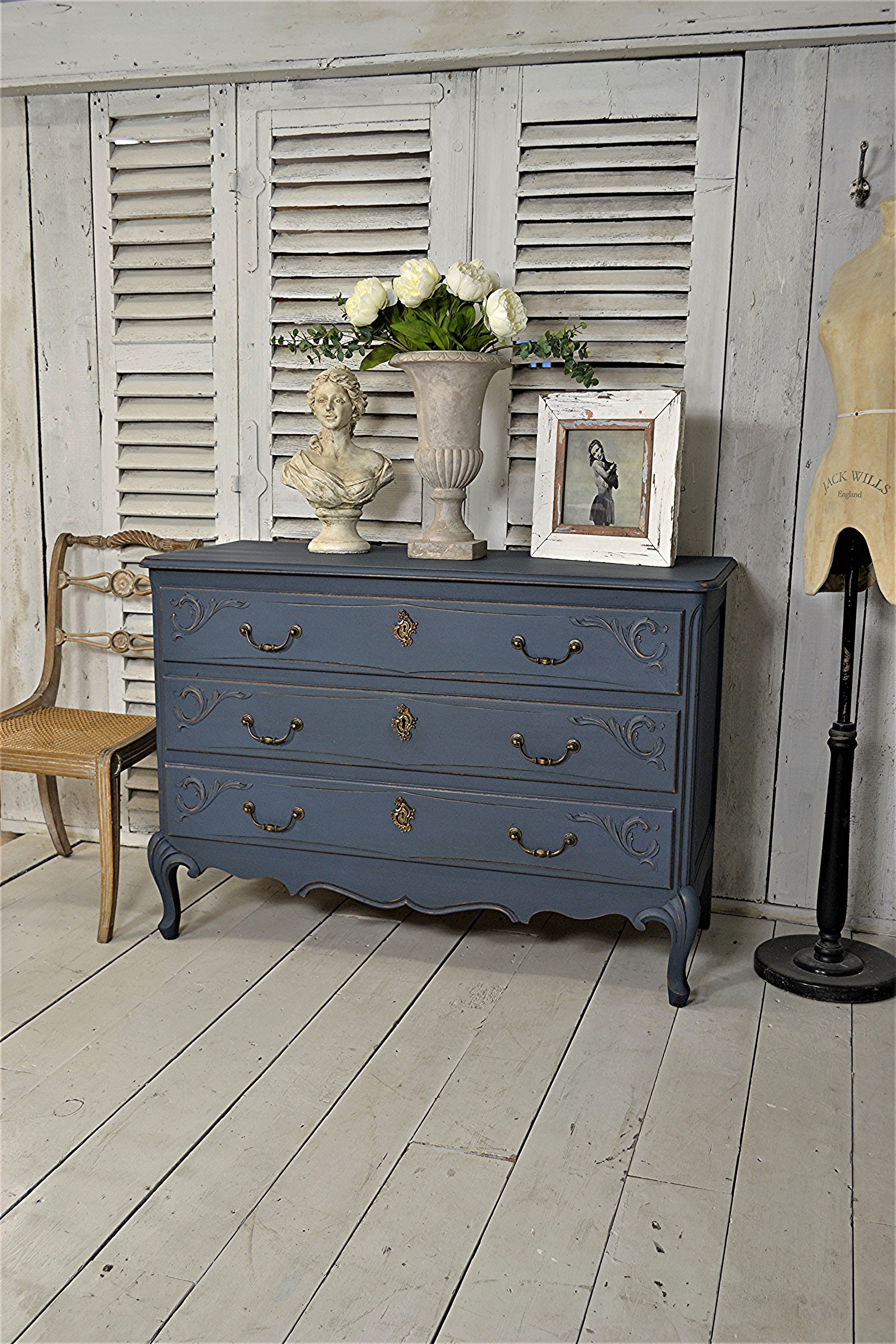 Large French Shabby Chic Dark Blue Chest Of Drawers Vinterior