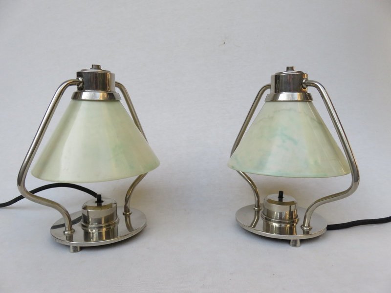 Art Deco Nickel Plated Table Lamps, Bakelite Shades, Set Of 2
