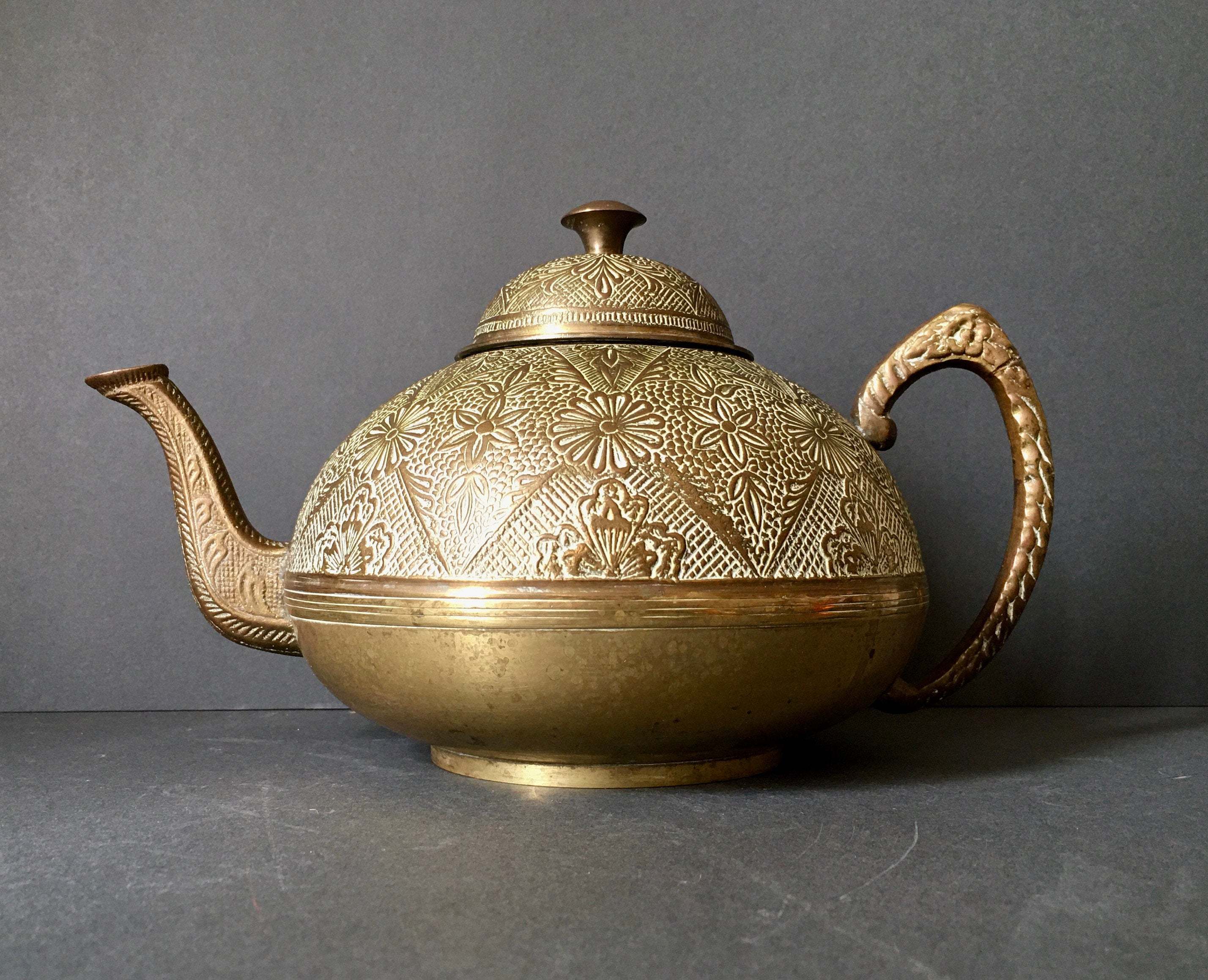 Heavy Brass Teapot, Etched Floral Pattern Brass Tea Urn Pot, Antique