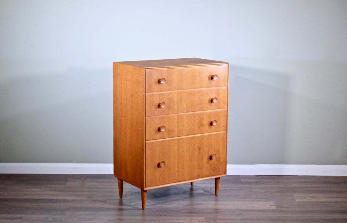 Midcentury Meredew Tallboy Chest Of Drawers In Oak Vintage Modern Scandinavian Retro Danish Style Meredew Vinterior