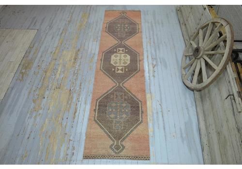 Vintage Runner Rug, Turkish Runner, Bohemian, Diamond Oushak Geometric Wool Rug, Farmhouse Decor, Turkey Rug, Faded Orange Brown