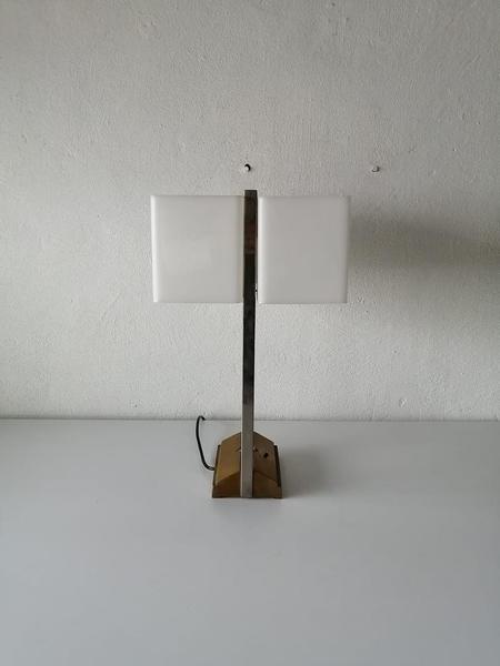 Exceptional Double Plexiglass Shades Large Table Lamp   Chrome Legs With Mysterious Sign On Solid Brass Base, 1950s Italy