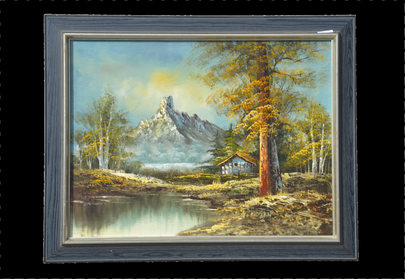 Vintage Oil On Canvas Mountain Lakeside Landscape Painting By Artist 1960s Vinterior