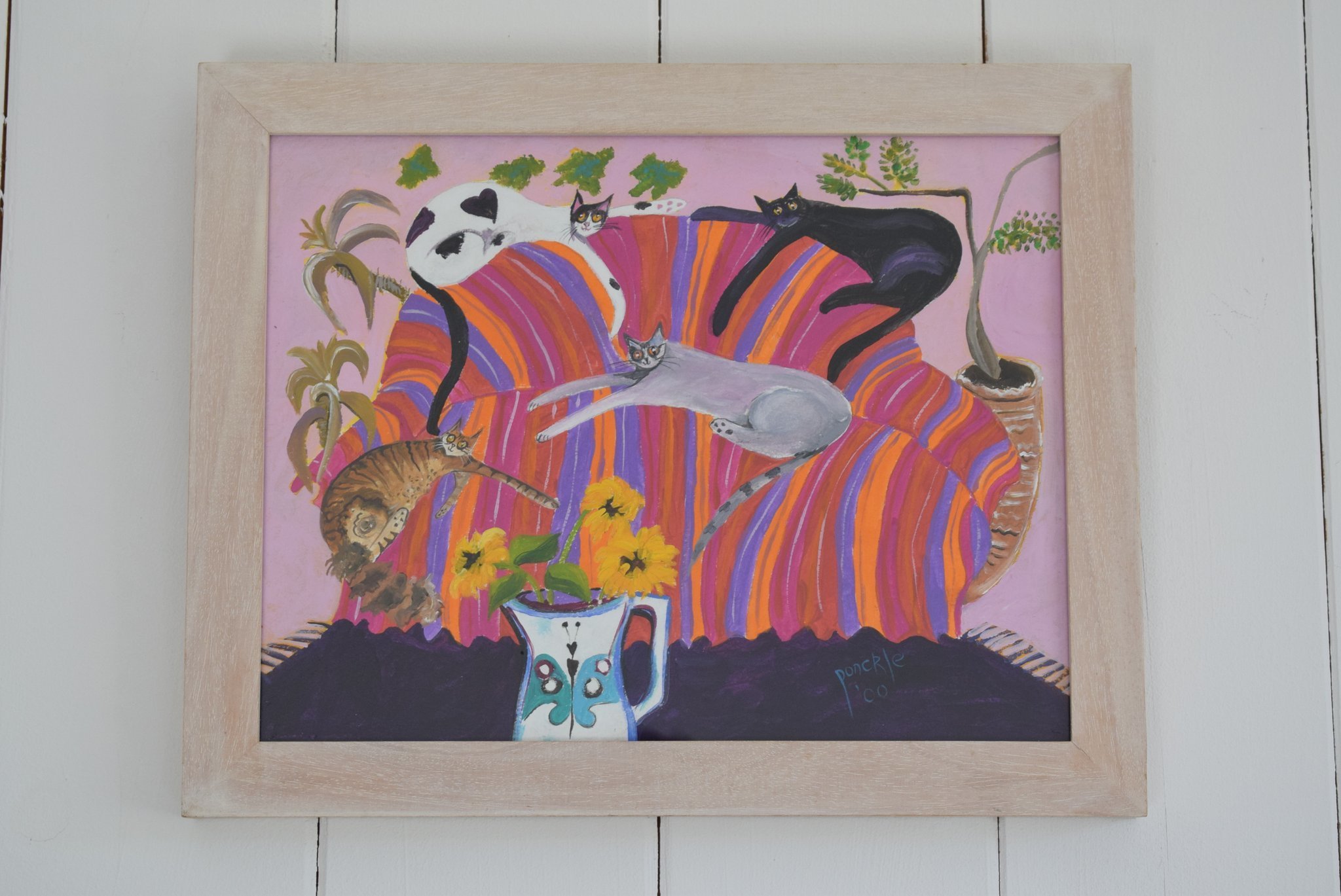 Original Ponckle Fletcher Painting "Couch Cats" Vinterior