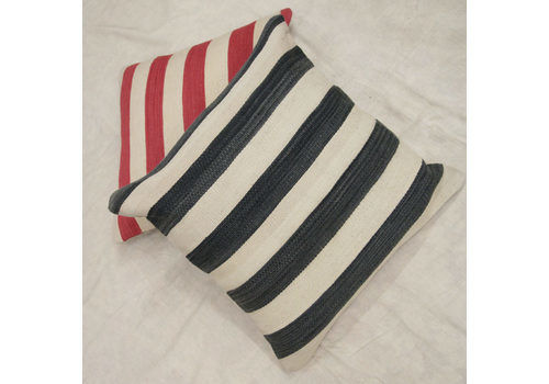 Large Striped Kilim Cushion Cover, Handmade Black And Cream Wool Scatter Cushion