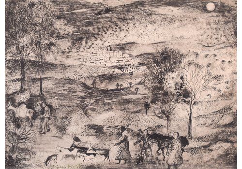 Pen And Ink Surrealist Drawing Landscape With Figures And Animals By Rosario De Velasco