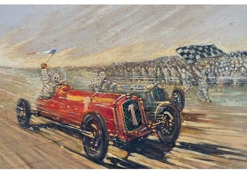 English School Early 20th Century Michelin Men Motor Racing Oil On Board .