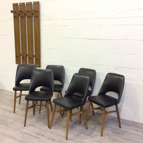 A Of 6 Vintage Danish Inspired Mid Century Teak And Black Vinyl Dining Chairs