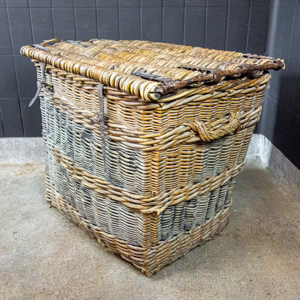 Industrial Large Wicker Factory Basket On Wheels 1920s Vinterior