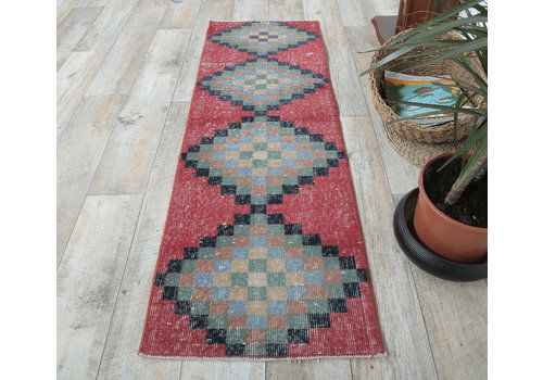 Diamond Vintage Turkish Retro Runner, Oushak Handmade Wool Rug, Colorful Check Hallway Rugs, Farmhouse Decor, One Of A Kind Anatolian