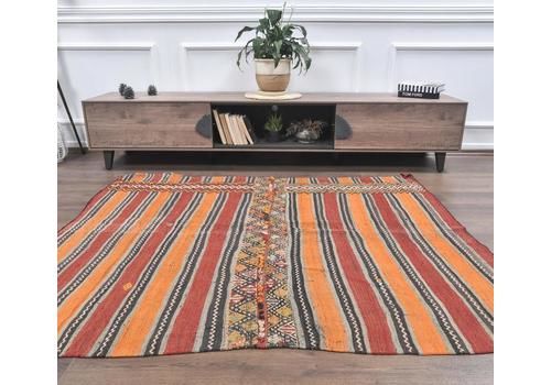 Vintage Turkish Kilim Area Rug, Oushak Handmade Wool Orange Red Flatweave Rugs, Farmhouse Decor One Of A Kind Bohemian, Made In Anatolia
