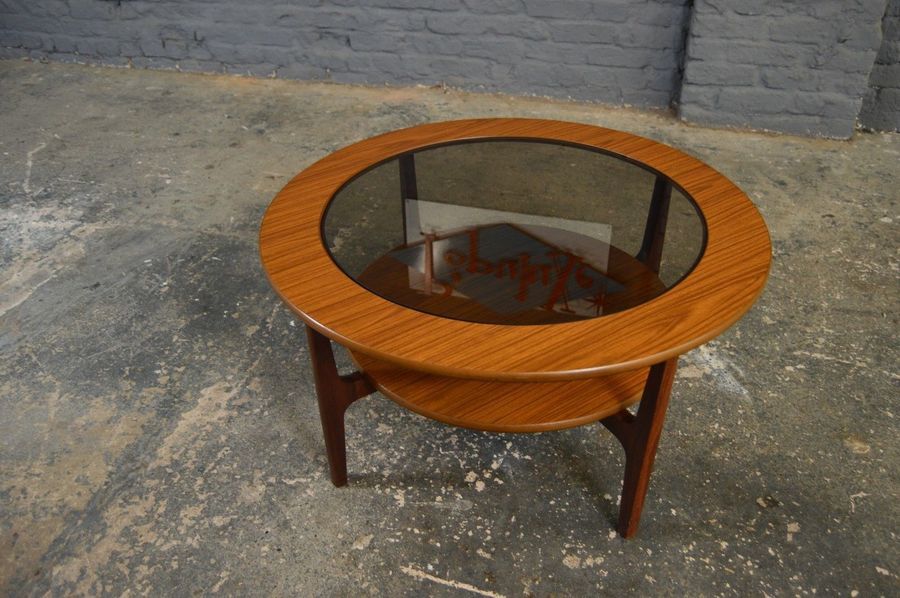 Vintage Retro Mid Century Schreiber Round Glazed Teak Coffee Table Danish Style Vinterior