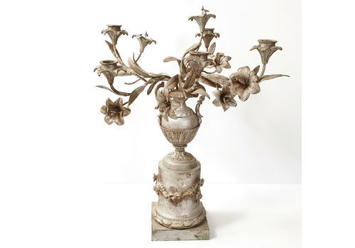 Magnificent Candle Holder 19 Th With Flower Decoration In Vintage Metal