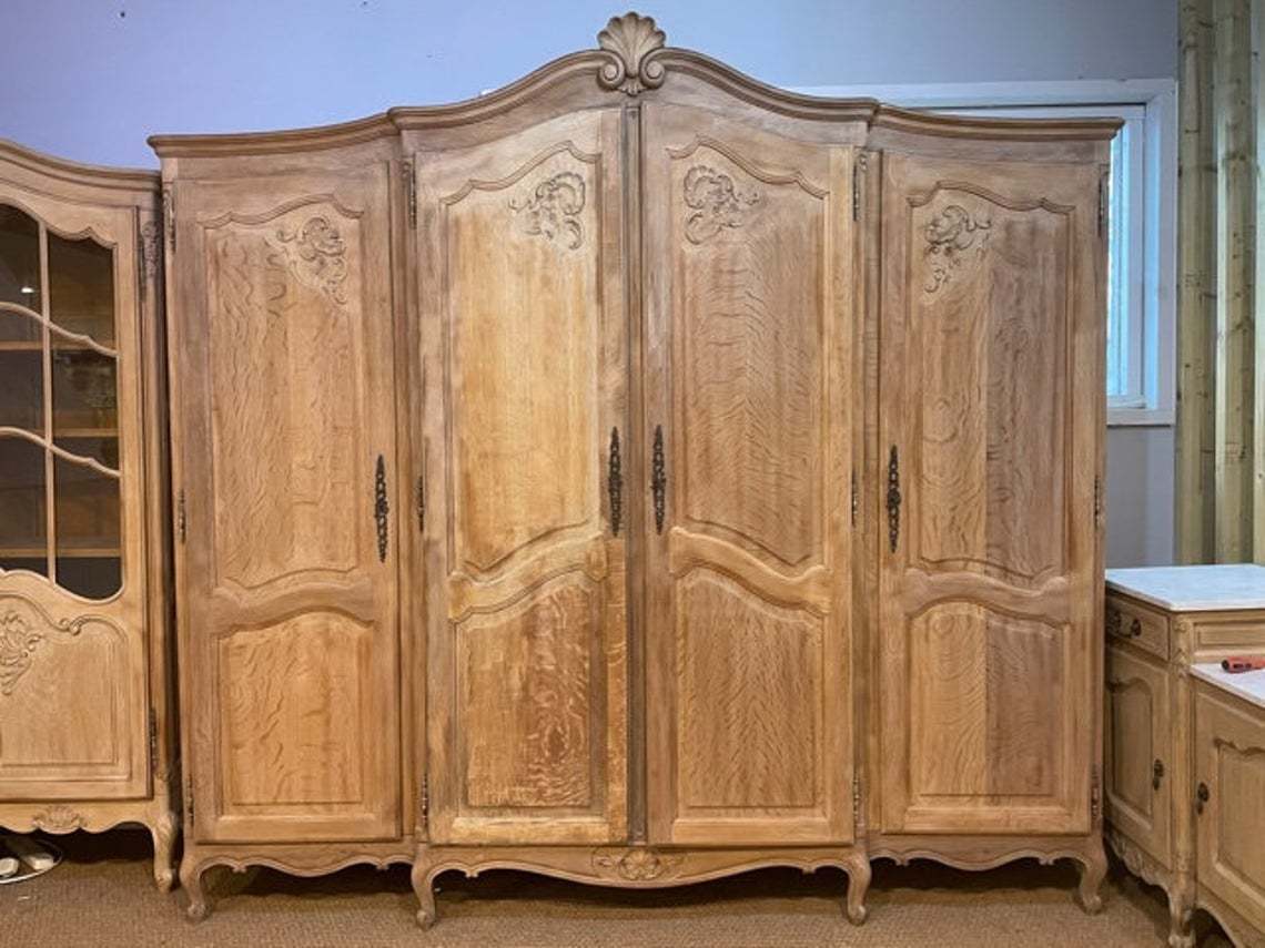 Ornate Rustic French Oak 4 Door Armoire Breakdown Wardrobe For Easy