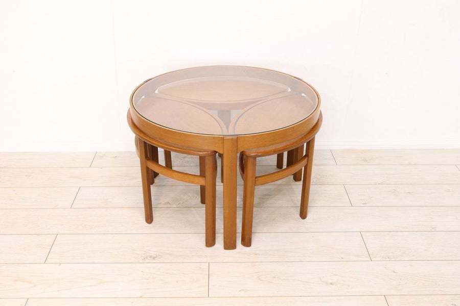 Mid Century Nathan Trinity Round Glass Retro Teak Coffee Table Nest Of
