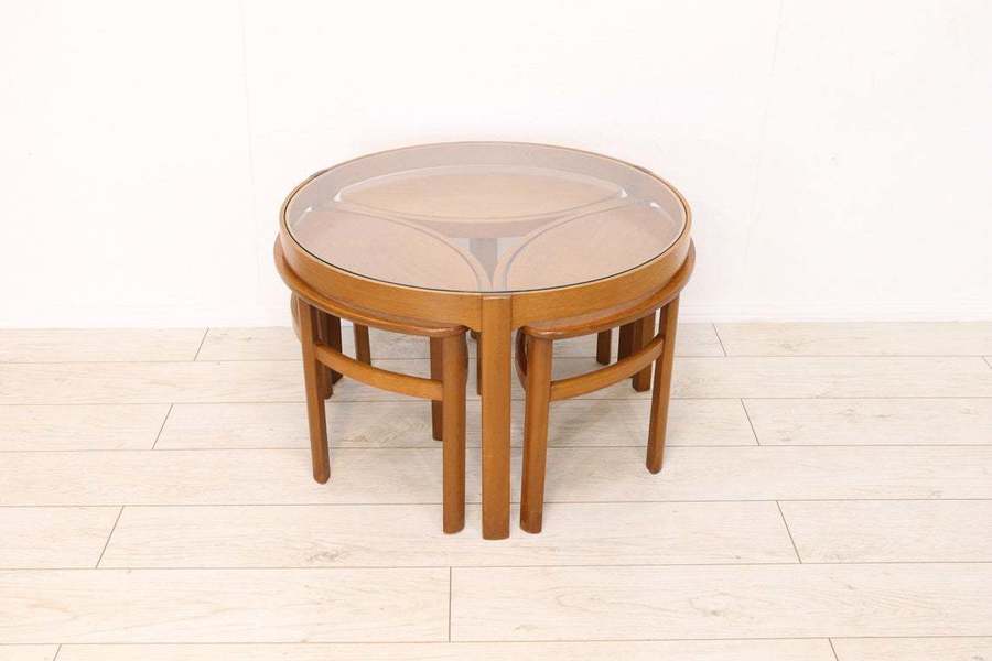 Mid Century Nathan Trinity Round Glass Retro Teak Coffee Table Nest Of Tables Vintage Condition