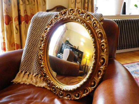 Vintage Giltwood Convex Mirror With Carved Wooden Frame Circular Vintage Giltwood Convex Mirror With