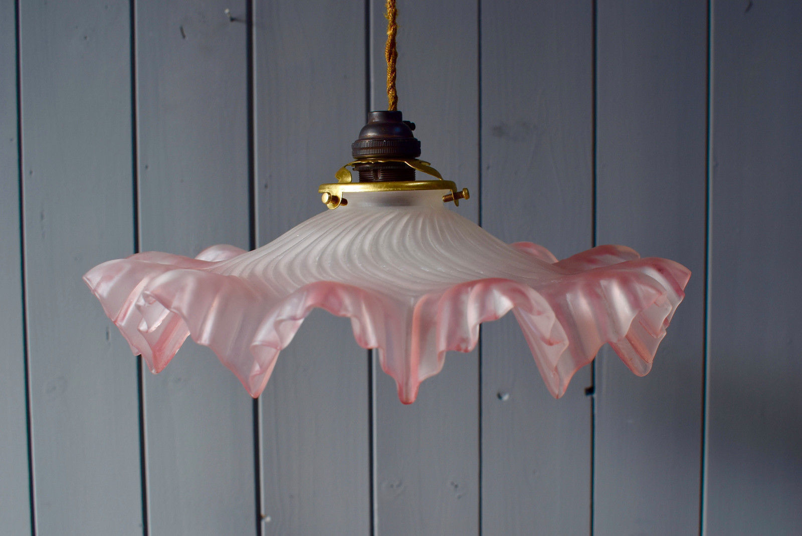 Vintage French Rose Pink Faded Ombre Glass Opaque Frill Pendant Light Shade