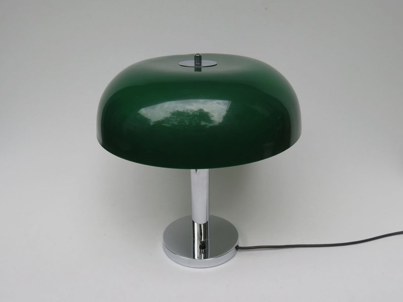 Mushroom Chrome Table Lamp With Dark Green Plastic Shade, 1960s