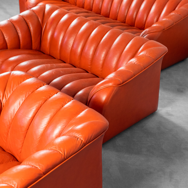 Set Of Two Sofas, One Armchair, Two 70s Vintage Modern Leather Coffee