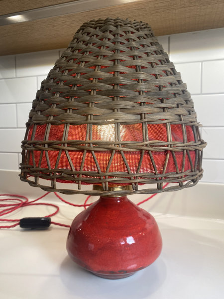 Red Glazed Table Lamp Rattan Shade Nykirka Motala Sweden 1960s Excellent Condition Rewired
