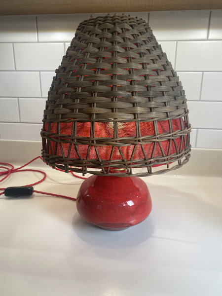 Red Glazed Table Lamp Rattan Shade Nykirka Motala Sweden 1960s Excellent Condition Rewired photo furniture