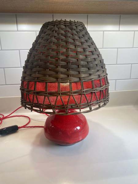 Red Glazed Table Lamp Rattan Shade Nykirka Motala Sweden 1960s Excellent Condition Rewired photo for sale