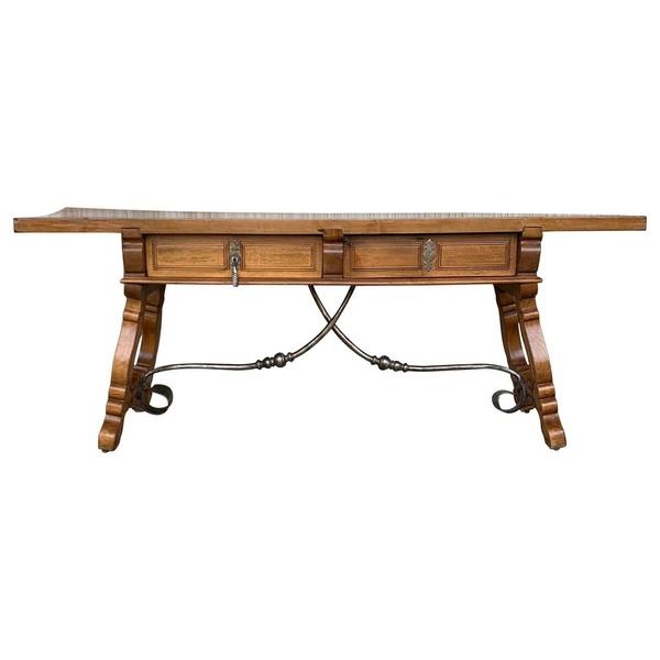 Spanish Bench Or Low Console Table With Drawers, Lyre Legs And Iron Stretcher