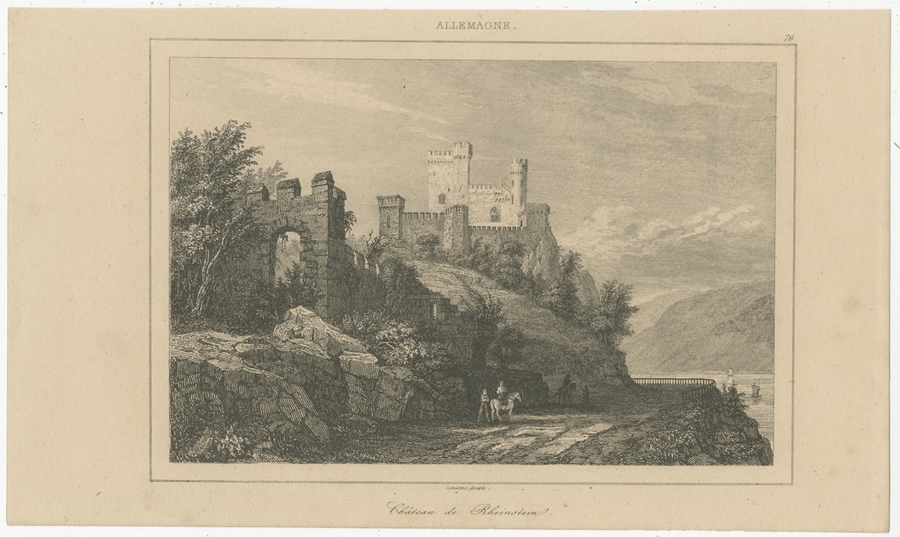 Antique Print Of Rheinstein Castle By Le Bas (1838)