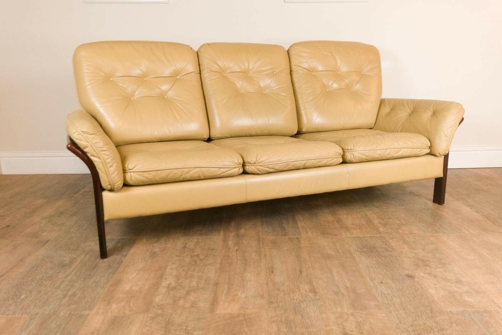 Vintage Retro Swedish Scandi Rosewood And Leather 3 Seater Sofa Bergere