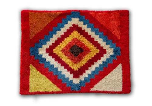 Modern Latch Hook Tapestry, Geometric Shag Rug, Small Rya Rug With Zigzag Pattern, Geometric Rya Rug, Handmade In 60s 70s