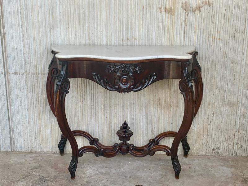 19th French Regency Carved Walnut Console Table With Drawer & Marble Top photo furniture