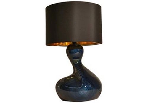 Large Free Form Sculptural Table Lamp In Deep Blue Wood With Black & Gold Shade