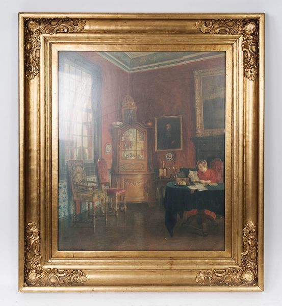 Interior Painting On Canvas With Beautiful Gilded Frame, From 1920.