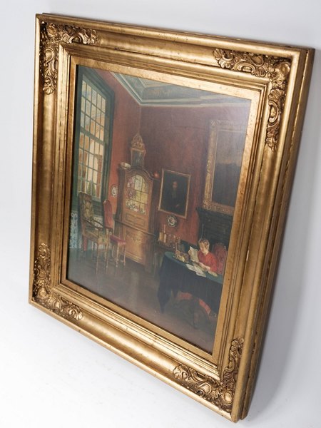 Interior Painting On Canvas With Beautiful Gilded Frame, From 1920. photo furniture