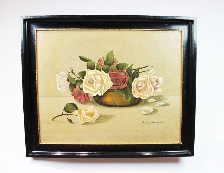 Oil Painting With Motif Of A Bouquet Of Roses Signed Chs. Christensen In 1924.