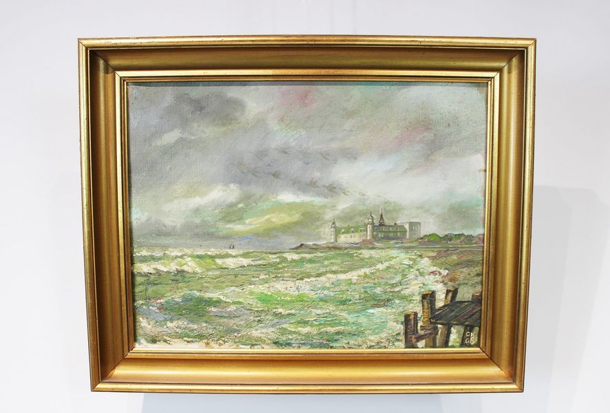 Painting With Motif Of Kronborg And Gold Frame Signed Gk From 1968.