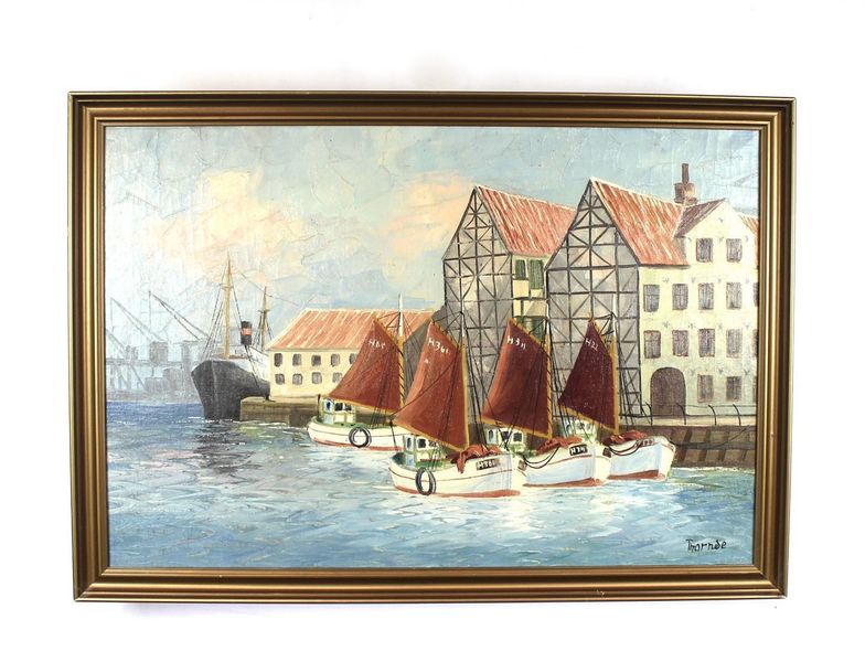 Oil Painting With Motif Of Ships And Gilded Frame, Signed Thornøe.