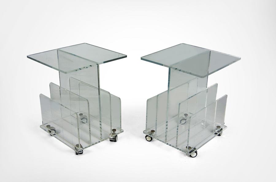 Pair Lucite Acrylic Side Tables With Magazine Racks Vinterior
